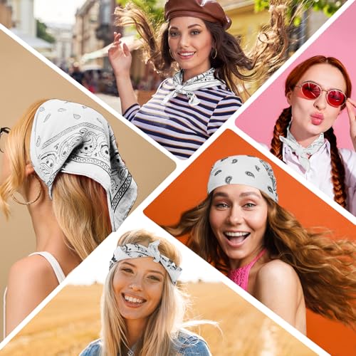 PLULON Bandanas for Men Women 4/12/24/30 Pack, Paisley Pattern Bandana Bulk Headbands Handkerchief Face Mask 100% Polyester - color: White