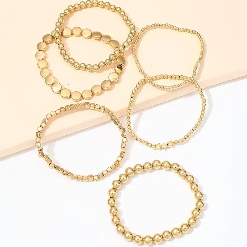 6Pcs Beaded Anklets for Women Elastic Stretch Ankle Bracelets Set Gold Silver Tone Boho Star Disc Charm Foot Jewelry Beach Gift - color: Gold