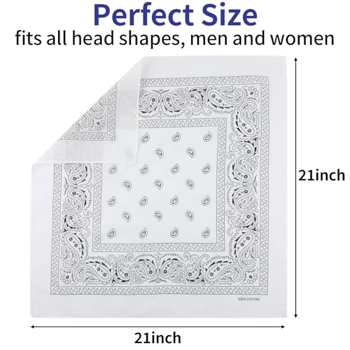 6 Pack Pure Cotton Bandana, Multi-Purpose Square Handkerchief, Face Mask headband for Men and Women - color: White