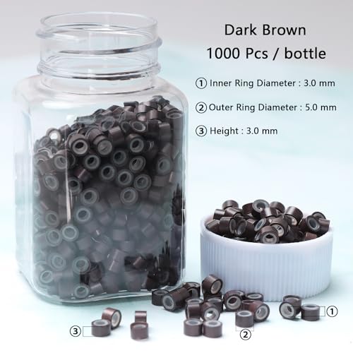 NIACONN 1000pcs 5 mm Tinsel Hair Extensions Beads, Silicone Lined Ring Micro Link I-tip Beads for Hair Extension - Dark Brown - color: Dark brown, size: 5mm