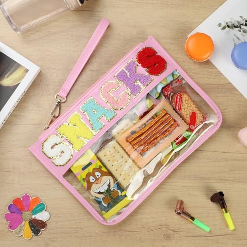 Clear Snack Bag for Travel, Chenille Letter Clear Zipper Snacks Pouch Nylon Cosmetic Bag Makeup Travel Bag for Women - color: Pink