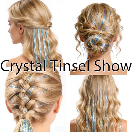 Celinebella Gold Turquoise Hair Tinsel, 48" 1250 Strands Ice Crystal | Ombre gold turquoise ice crystal effect, multi-tone shimmer, heat resistant, ideal for wedding prom cosplay & fantasy events - color: 09-Gold Turquoise, size: 48 Inch Pack of 5Pcs
