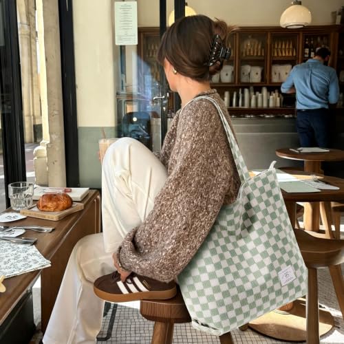 KALIDI Women Corduroy Tote Bag Zipper Casual Tote's Handbag Big Capacity Shoulder Bag with Pockets - color: Checkerboard Green