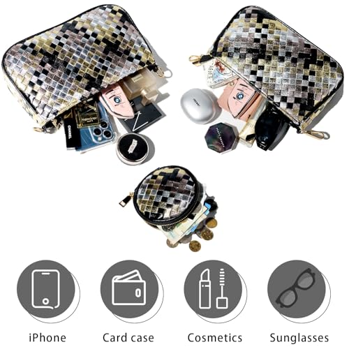 Handmade Woven Small Crossbody Bag for Women with Coin Purse, Designer Shoulder Handbag 3pcs Set, Mini Tote Clutch - color: Black Multicolor