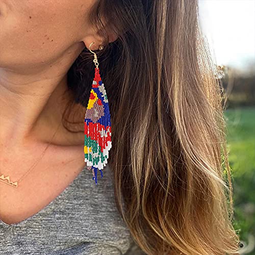 Flower Black Beaded Long Tassel Western Native American Earrings For Women Dangling - color: blue