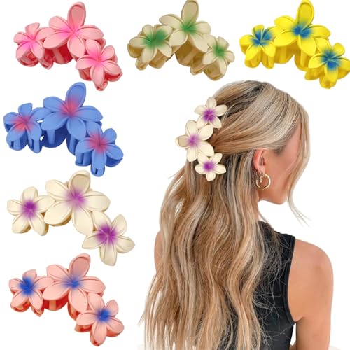 YONOY 6Pcs Flower Hair Clips for Women,Non-Slip Matte Flower Hair Clips for Women,Hawaiian Hair Flower Clip Large Plumeria Strong Hold Hair Claws Banana Cute Clip Beach Hair Accessories - color: Color E