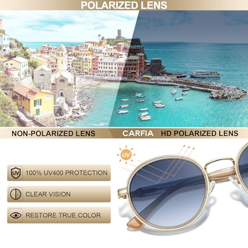 CARFIA Retro Round Sunglasses for Women Polarized UV Protection, Durable Acetate-Metal Frame Designer Eyewear CA1951 - color: 4. White Frame + Gradient Blue Lens