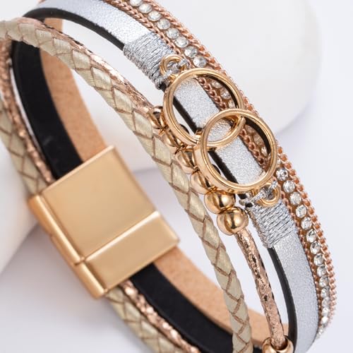 FANCY SHINY Boho Leather Wrap Bracelet Stackable Infinity Chunky Cuff Bracelets Western Hippie Outfits Jewelry Valentine Gifts for Women - color: Gold/Silver