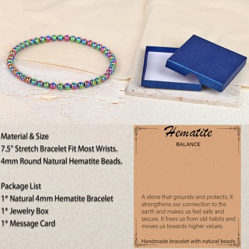 LPBeads Handmade Natural Gemstone Stretch Elastic Bracelet Healing Crystal Round Stone Beads Jewelry Gifts for Women Men - color: Rainbow Coated Hematite, size: 4mm