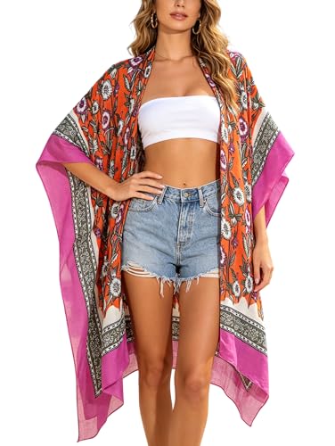 Breezy Lane Kimonos for Women Swimsuit Coverups Beach Cover Up Swimwear Cardigan Summer - color: Blossom Orange White