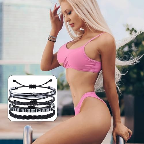 Beach Summer Ankle Bracelet for Women Handmade Braided Adjustable String Anklets Waterproof Surfer Bracelet - color: Black