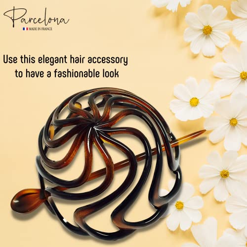 Parcelona French Swirls Celluloid Chignon Hair Slide Pin Thru 3.5" Bun Cover Ponytail Round Hair Clips for Women Styling Girls Hair Accessories No Slip Durable, Made in France(Tortoise Shell)