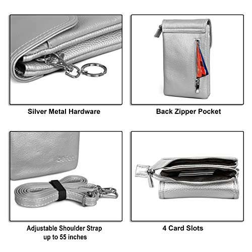 befen Genuine Leather Small Crossbody Bags for Women Cell Phone Bag Cross Body Purses,Silver Zipper - color: Sliver Grey