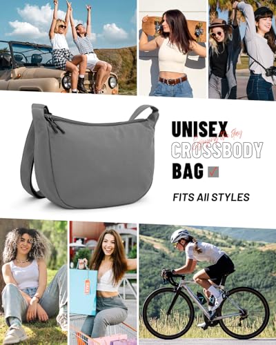 Crossbody Crescent Bag for Women Men Trendy, Crescent Sling Bag with Adjustable Strap, 2 Zippers Lightweight - color: Grey