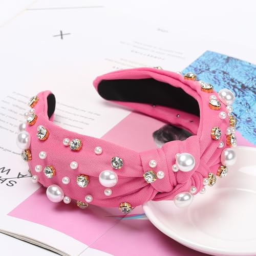 WantGor Pearl Knotted Headband, Women Rhinestone Embellished Hairband Elegant Wide Top Knot Bride Headbands Headpieces Party Fashion Elegant Ladies Hair Band Hair Hoop Accessories (Hot Pink) - color: Hot Pink