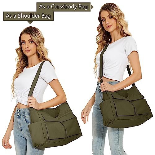 KALIDI Canvas Tote Bag Large Hobo Crossbody Shoulder Handbag Zipper Messenger Bag for Women or Men Casual College Work - color: Upgraded Army Green