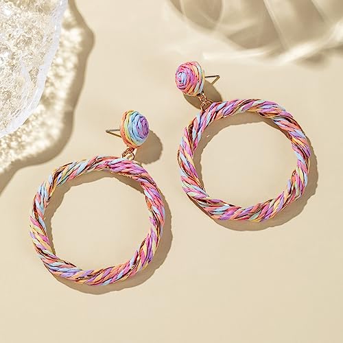 Boho Raffia Hoop Dangle Earrings Twisted - Statement Rattan Round Geometric Earrings For Summer Beach Vacation - color: COLORFUL