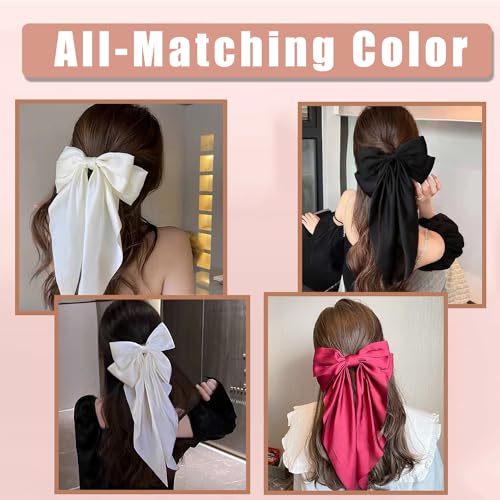 Hair Bows 4 PCS, Hair Bows for Women, Hair Ribbons, Oversized Long-tail Cute Aesthetic Hair Accessories, Large Hair Barrettes for Women, Bows for Girls (Wine red, off white, black, white)