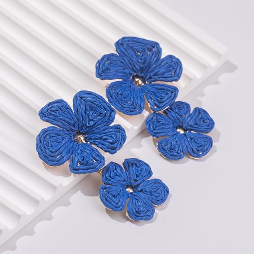 Boho Flower Earrings Statement Raffia Dangle Earrings Cute Floral Jewelry Trendy Summer Beach Vacation Outfits for Women - color: Royal Blue