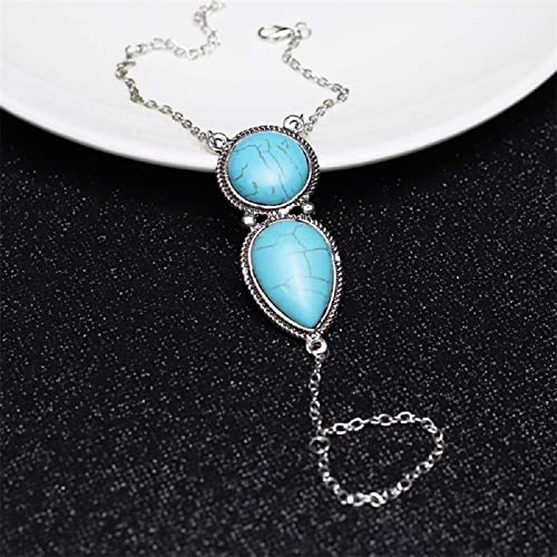 Boho Hand Chain Turquoise Finger Ring Ethnic Ring Vintage Turquoise Hand Harness Slave Bracelet Jewelry for Women