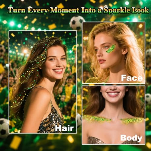 MEICOLY Green and Yellow Hair Glitter,Brazil Body Glitter,Gold Green Hair Sparkle Brasil Face Glitter Makeup for Mardi Gras Carnival Irish Festival Party,Body Glitter Accessories for Women - color: gold and green face glitter