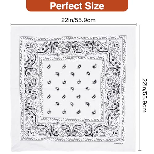 Raylarnia Bandana Multi-Purpose 100% Cotton Headbands for Women, 22 inch Paisley Cowboy Bandanas for Men - color: White