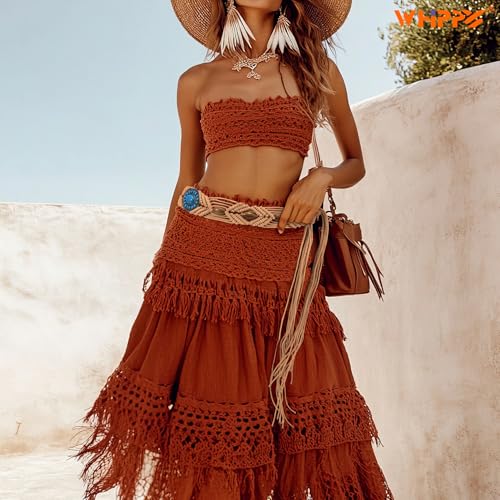 WHIPPY Boho Turquoise Belt for Women Wax Rope Braided Waist Belt Western Hand-Woven Bead Tassel Belts for Dress, 2” Wide - color: Khaki