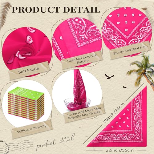 Suhine 24 Pcs Bandanas Bulk for Women Men 22 x 22 Inch Paisley Outdoor Headband Cowboy Handkerchief Summer - color: Fluorescent Green, Rose Red