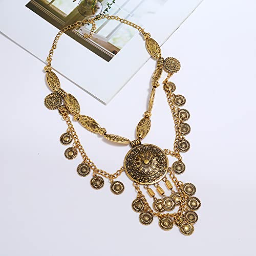 Vintage Engraved Coin Tassel Statement Collar Necklace for Women Ancient Gold Carving Big Round Layered Bohemia Long Chain Choker Gypsy Ethnic Boho Bib Exaggerate Pendant Personalized Retro Jewelry Gifts