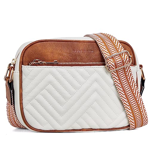 BOSTANTEN Quilted Crossbody Bags for Women Vegan Leather Purses Shoulder Handbags with Wide Strap - color: Beige With Brown
