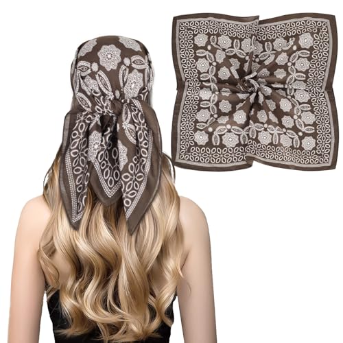 Relang Fashion Silk Satin Head Scarf for Women Hair Bandana Hair Scarf Wrap Neck Scarf for Women 27.5×27.5 inches - color: Brown Flower World
