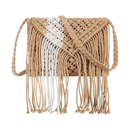 Goclothod Women Crochet Fringed Shoulder Bag Cotton Tassel Crossbody Bag Hippie Beach Purse - color: Elegant
