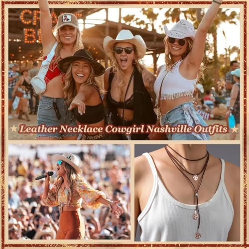 Stagecoach Festival Outfits for Women Boho Leather Necklace with Coin Pendants Long Cowgirl Western Jewelry for Women Country Concert Outfits Accessories - color: A2：Brown