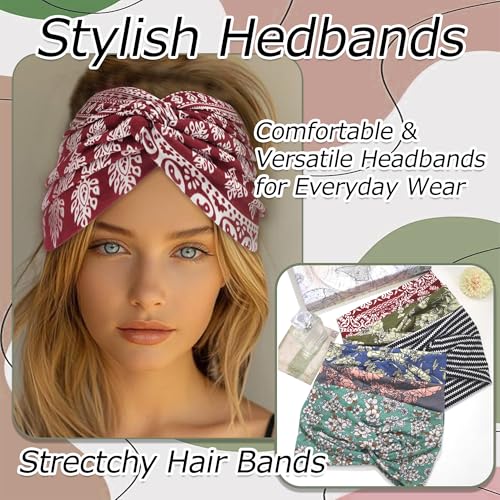 6 Pack Boho Wide Headbands for Women Wide Twist Knotted Head Wraps Turban Stretchy Leopard Hair Bands Elastic Non-Slip Workout Head Wraps Accessories - color: Multicolor-3