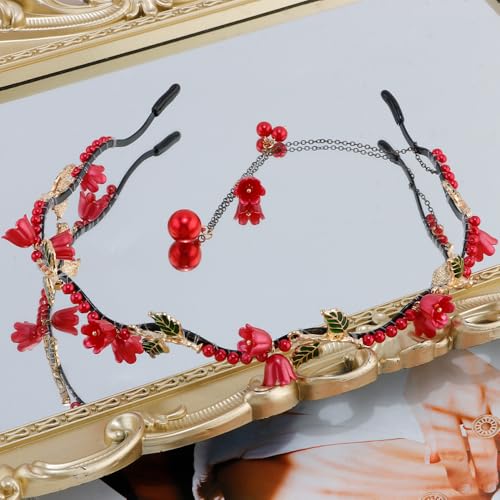 AHONEY Red Flower Headband for Women Girls Hair Vine Leaf Black Headband Wedding Fairy Accessories Headpiece - color: Red