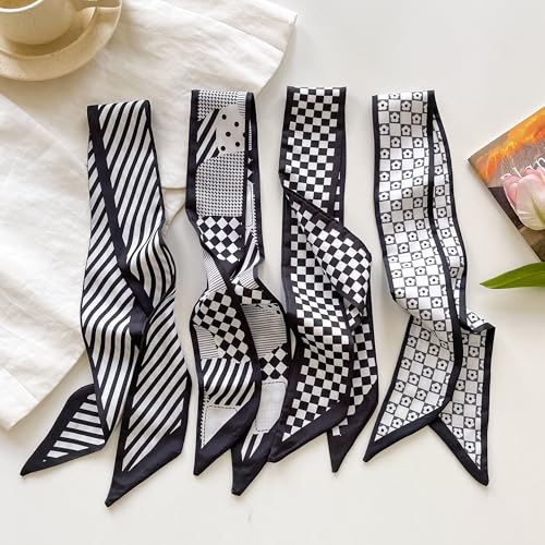 4/40 Pcs Hair Scarf for Women, 35"x2.36" Lightweight Silk Headband, Purse & Bag Scarves Gift Collection - color: Black