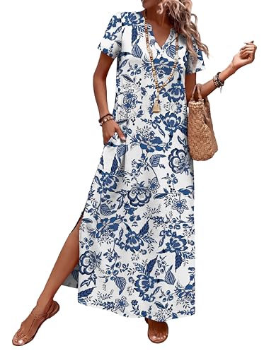 OFEEFAN Summer Dresses for Women 2026 Maxi Dress Short Sleeve Sundresses with Pockets Beach Vacation Spring Outfits - color: Boho Blue, size: Large