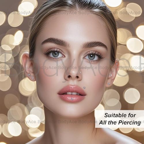 20G Internal Thread Cartilage Earrings Studs Surgical Steel Nose Rings Flat Back Stud Piercing Jewelry for Tragus/Helix/Conch/Medusa/Lip/Labret - color: BL:8mm;CZ:3mm