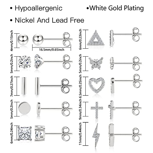BOUTIQUELOVIN 14K Gold Stud Earrings Set for Women, for Multiple Piercing Silver Plated Studs Earrings and Zirconia Earring Set Small Huggie Hoop Chain Earing - color: 10Pairs Silver Studs