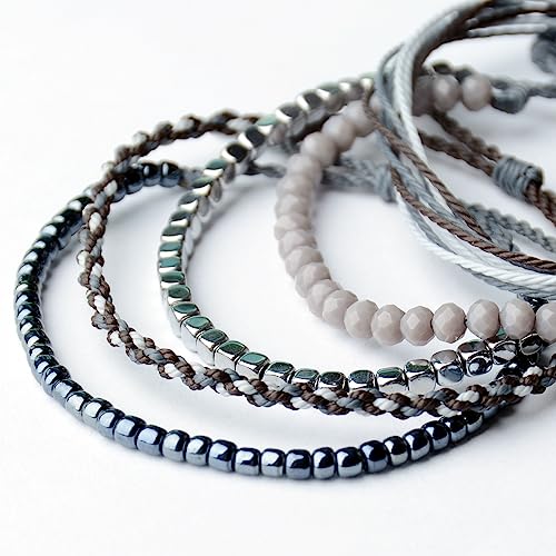 Mezcla Vida Handmade Waterproof Rope Bracelets Pack String & Beaded Bracelet Stack - Set of 5 Stackable Bracelets For Women, Summer Accessories & Bohemian Bracelets for Teen Girls - color: Mixed Grey
