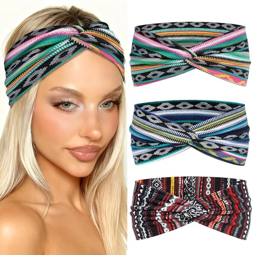 3 Pack Women Headbands African Thin Hair Bands Turban Head Bands for Lady Stretchy Non-Slip Hair Wraps Workout Sport Hair Bandana Accessories - color: Multicolor-1