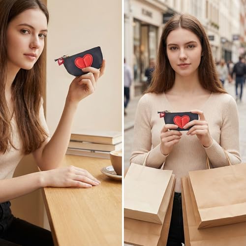 Red Heart Design Small Coin Purse - Cute Compact Keychain Change Purse Soft Leather Wallet with Zipper for Women (Black) - color: Black