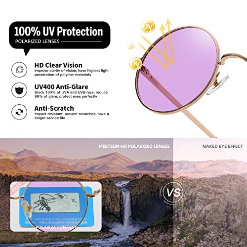 MEETSUN Small Round Polarized Sunglasses for Men Women Metal Retro Hippie Circle Sun Glasses Driving Festival Cosplay UV400 - color: Gold / Purple