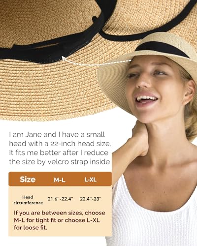 FURTALK Womens Beach Sun Straw Hat UV Protection Travel Packable Foldable Brim Summer UV Hat - color: Pure Khaki, size: Medium-Large