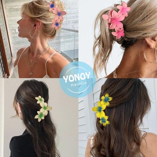 YONOY 6Pcs Flower Hair Clips for Women,Non-Slip Matte Flower Hair Clips for Women,Hawaiian Hair Flower Clip Large Plumeria Strong Hold Hair Claws Banana Cute Clip Beach Hair Accessories - color: Color E