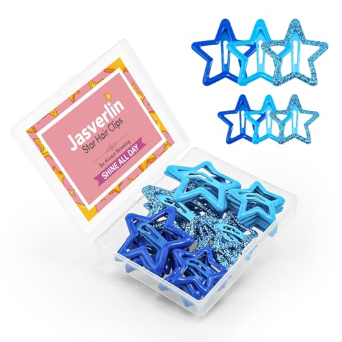 JASVERLIN Star Hair Clips for Girls, 36 pcs Cute Accessories Kawaii Metal Snap Hairclips for Women Kids, Colorful Y2k Aesthetic Glitter Stars Barrettes Assorted Size (Blue) - color: Blue