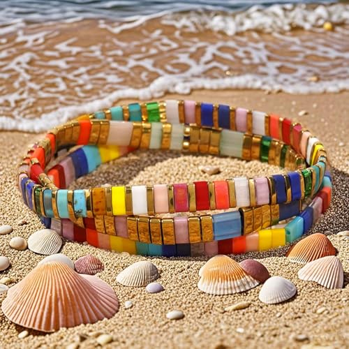 Tila Flat Beaded Stretch Bracelet for Women,Bohemian Friendship Bead Bracelets Handmade Stack Boho Jewelry Accessory for Everyday Wear, Vacation and Friend Gifts - color: colors-02