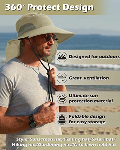 Tirrinia Wide Brim Sun Hat with Neck Flap for Men & Women, Breathable Hiking Fishing Safari Hat, Outdoor UV Protection Cap - color: Light Olive