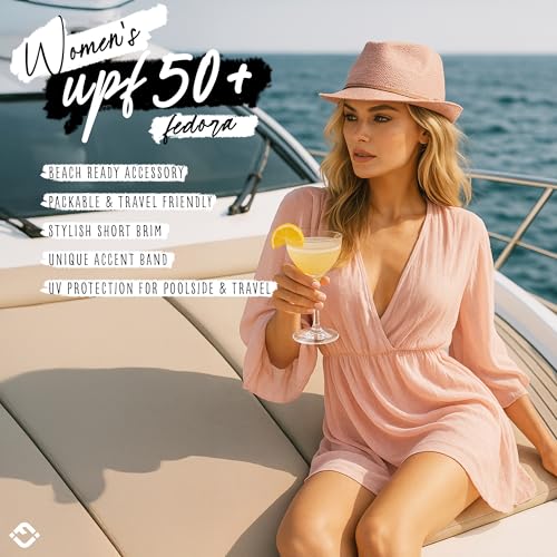 Funky Junque Straw Fedora Hats for Women - UPF 50+ Sun Hat, Short Brim Packable Beach Hat with Woven Pattern - color: Sequin - Rose