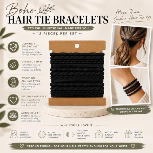 Elm City Direct 12pcs Hair Tie Bracelets, Boho Hair Ties for Women, Elastic Hair Bands for Ponytails (Rose) - color: Rose